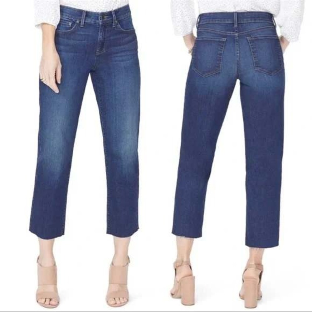 NYDJ Jenna Straight Ankle Jeans Dark Wash Raw Hem Lift Tuck Blue Womens Size‎ 8
